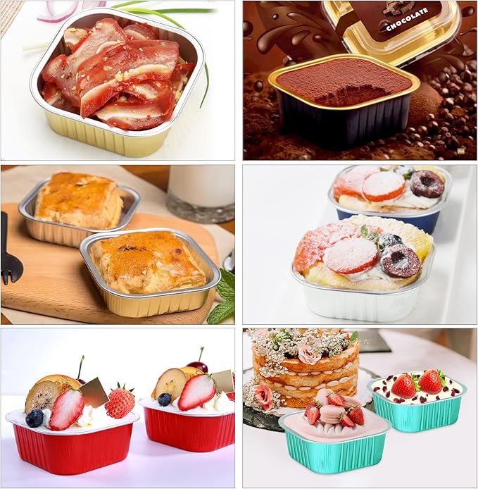 LNYZQUS Mini Cake Pans with Lids and Spoons,10oz Disposable Small Foil Baking Tins,40 Pack Individual Cake Containers for Home Bakers Bake Sales-Pink,4x4 Square