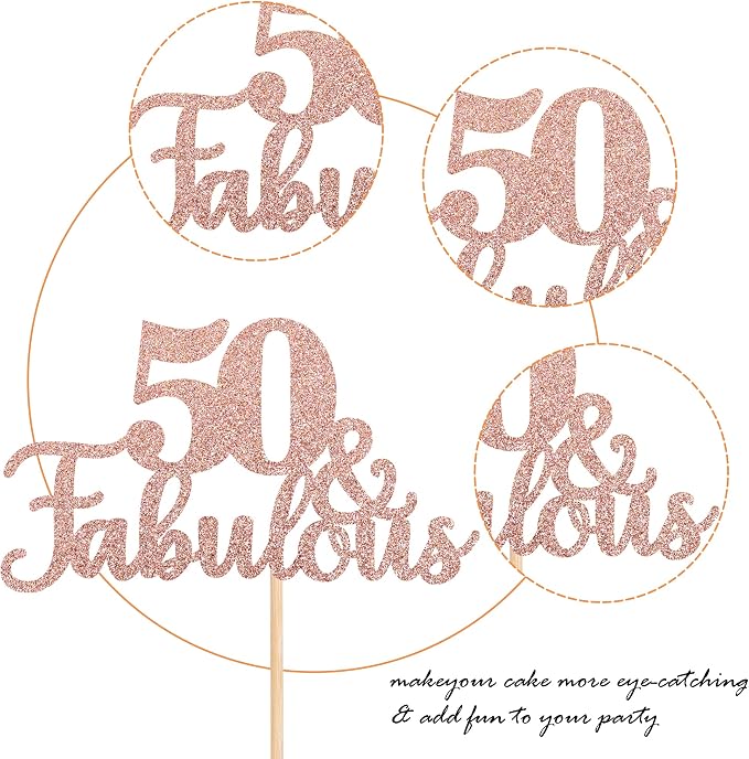 1 PCS 50 & Fabulous Cake Topper Glitter Fifty and Fabulous Cake Toppers Happy 50th Birthday Cake Pick for 50th Wedding Anniversary Birthday Party Cake Decorations Supplies Rose Gold