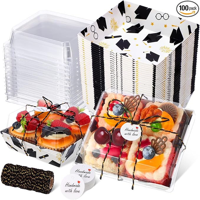 Outus 100 Pack Graduation Party Treat Box Charcuterie Boxes with Clear Lids, 5.7 x 5.1 '' Paper Food Containers White Take out Bakery Boxes Gift Tags Rope for Desserts Graduation Party Supplies
