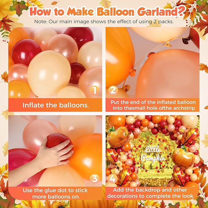 Fall Balloon Arch Garland Kit 172pcs with Leafs Pumpkins, Thanksgiving Balloons Arch Orange Nude Burgundy Rose Gold Balloons Different Sizes for Little Pumpkin Birthday Baby Shower Decoration