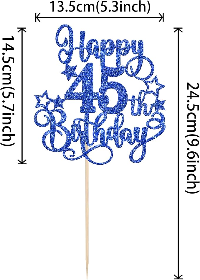 1 PCS Happy 45th Birthday Cake Topper Glitter Cheers to 45 Years Birthday Cake Pick Hello 45 Fabulous Cake Decoration for Happy 45th Birthday Anniversary Party Decorations Supplies Blue