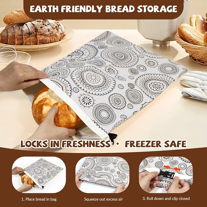 CHENGLIN Beeswax Cotton Bread Bags – Reusable Artisan Bread Storage Bags – Natural Linen & Beeswax for Sourdough, Baguette, and Loaf – Eco & Elegant