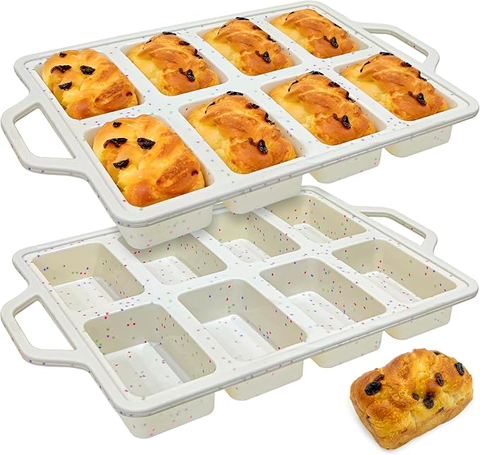 RICCLE Silicone Mini Loaf Pans – 2 Pack, 8 Cavity Silicone Molds for Baking, Non-Stick Silicone Baking Pan & Bread Pan with Metal Reinforced Frame | Mini Banana Bread Pan, Small Loaf Pans for Baking