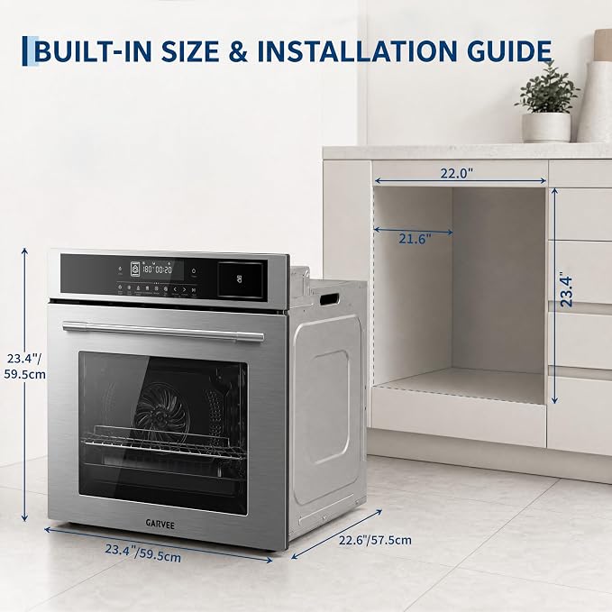 Garvee 24 Inch Built-in Steam Electric Oven Combo, 2.5 Cu.ft Convection Wall Oven, 5 Cooking Modes, Steam Function, Triple-Layer Glass, Easy Clean Interior, Timer & Safety Lock, Silver