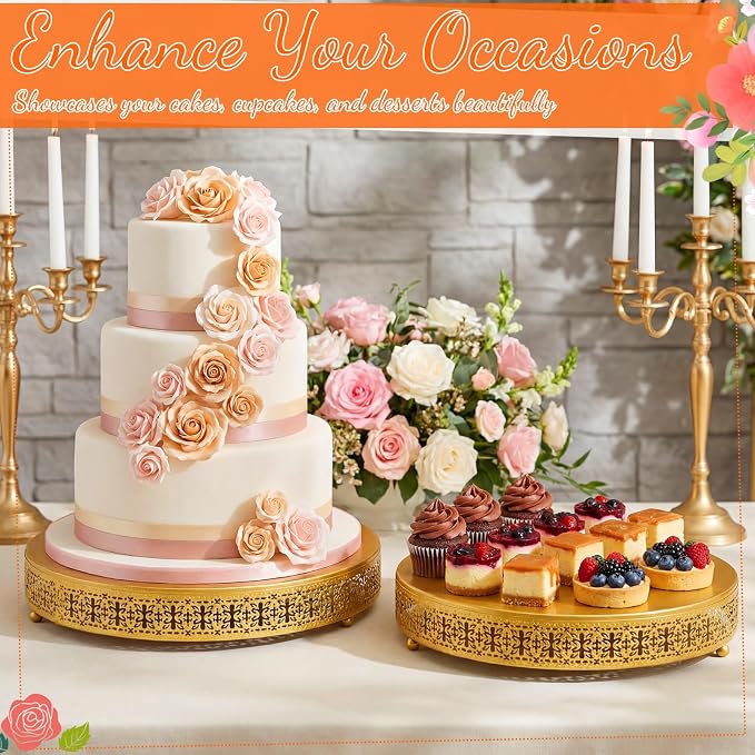 Wenqik 2 Pack Cake Stand Set, 14/16 Inch Metal Round Cupcake Dessert Stand Decorative Elegant Cake Display for Weddings Party Birthday Baby Showers Anniversary(Ornate Floral,Gold)