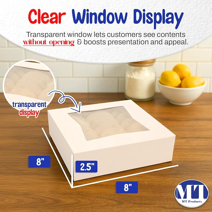 MT Products White Bakery Boxes 8" x 8" x 2.5" - Elegant Pastry Boxes (Pack of 10) - Made in USA