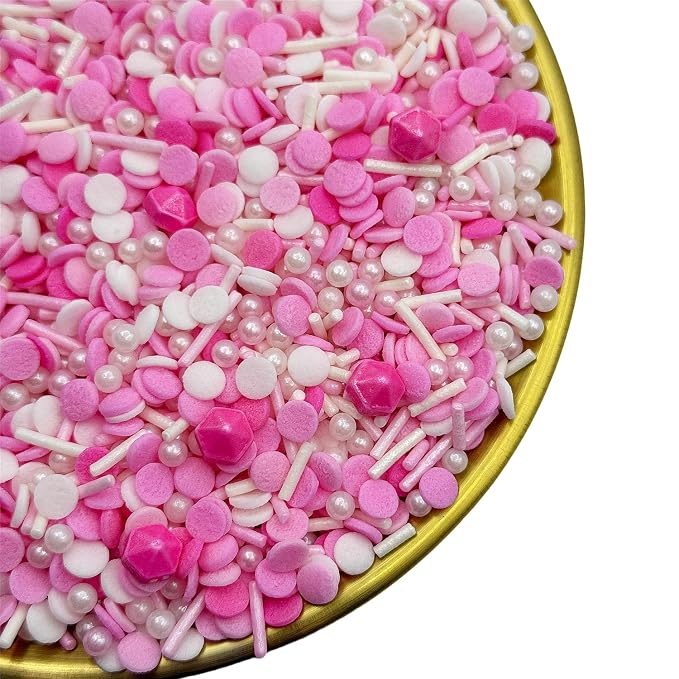 CandiJumpin Pink and White Pearl Sprinkles, Edible Pearls and Jimmies Mix Pink White Confetti Sprinkles Crunchy Jimmies Edible Pearls for Cake Decorating Valentines Decoration for Baking Baby Shower Party Birthday Wedding Christmas Supplies 3 OZ