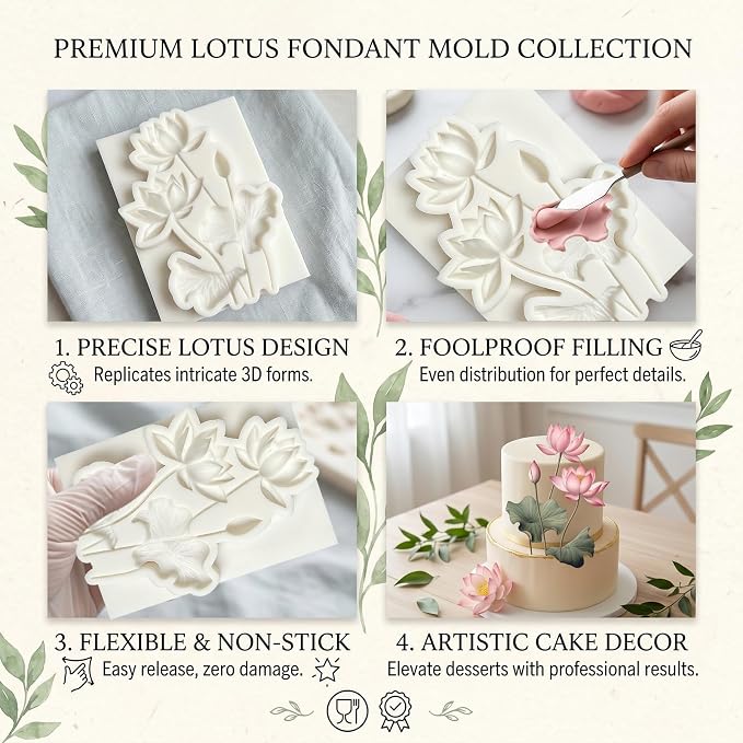 1Pc Lotus Flower Silicone Mold Water Lily Pad Fondant Mold for Cake Decorating, Chocolate, Candy, Flexible Gum Paste Pastry, Cupcake Toppers, Dessert Baking Tool Botanical Wedding