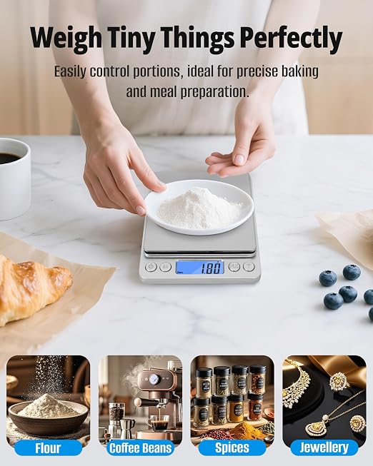 Gram Scale 500g x 0.01g Precision, Digital Mini Pocket Size Portable Scale with Two Trays Nine Units, LCD Display Stainless Steel Platform for Weighing Jewelry Cooking Baking