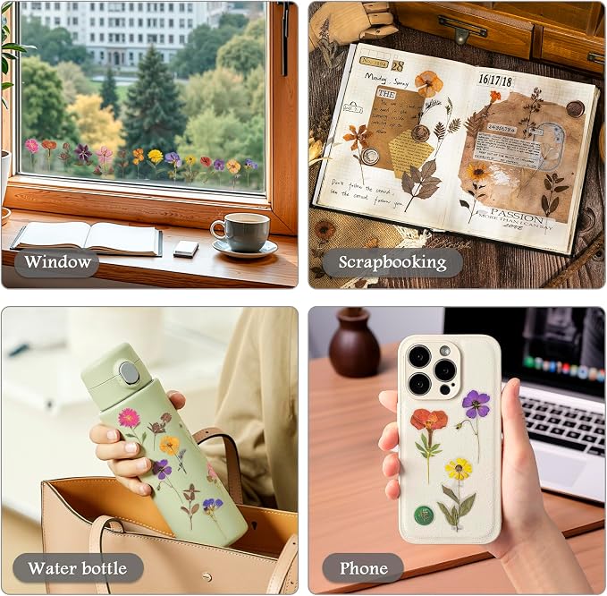 320PCS Pre-Cut Floral Stickers Set Small Flower Decal Journal Stickers PET Flower Sticker for Adult Card Making Letters DIY, Double Blade Line-Easy to Peel
