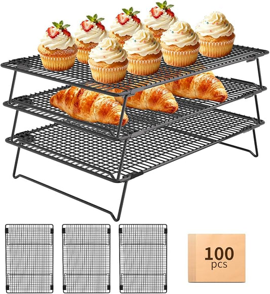 3-Tier Stackable Cooling Rack, 17"x11" Heavy Duty Wire Baking Rack | 100PCS Parchment Paper,Oven Safe Multiuse cookie cooling rack for Pizza,Cake, Bread, Cupcake, Bacon