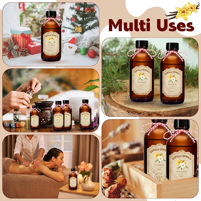 8 Pack 8 Ounce Amber Glass Bottle with Lids Vanilla Extract Homemade Brown Bottle 8 oz and 8 Pcs Vanilla Extract Stickers for Syrup Gift Glass Food Storage Canister Set Sauce Beans