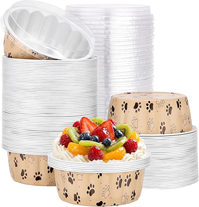 Beasea Disposable Baking Cups with Lids, 100 Pack 8oz Aluminum Foil Ramekins with Lids, Cute 235ml Creme Brulee Muffin Cupcake Mini Pudding Baking Cups Tin for Party Birthday - Cat Claws