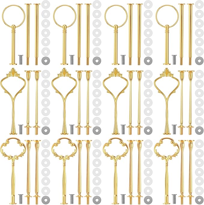 Patelai 12 Sets 3 Tier Cake Stand Hardware Tiered Tray Plate Hardware Kit Heavy Metal Cake Fruit Food Plate Stand Fitting Stacking Kit for Serving Dessert Cupcake Dish Food (Cute,Gold)
