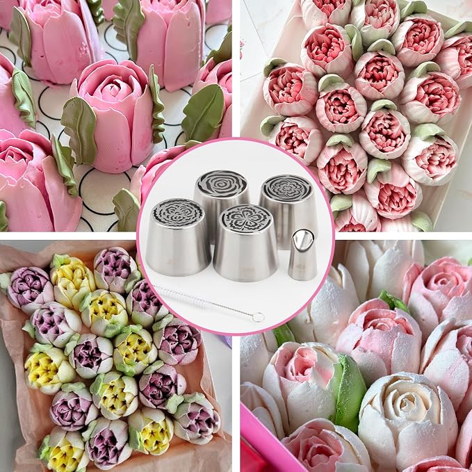 4pack Russian Piping Flower Nozzles Extra Large, Stainless Steel Rose Floral Piping Nozzles for Cake Decorating Icing, Cream Flower Bouquet DIY Cookies, Desserts Baking Tools (XXL, 4A）