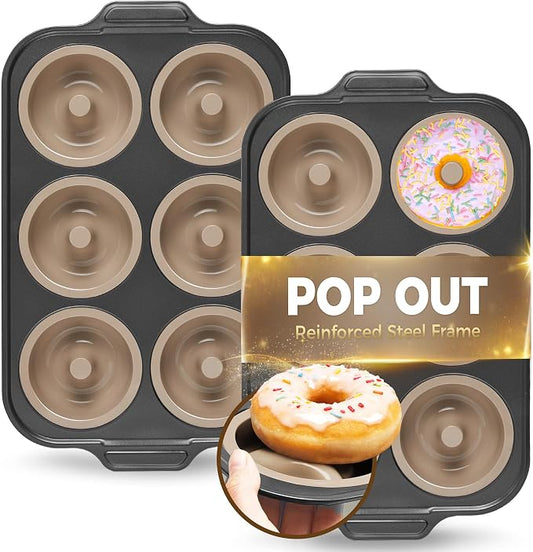 BRONYPRO 2 Pack Silicone Donut Pan for Baking with Metal Reinforced Frame, 6-Cavity Nonstick Doughnut Mold, Large Donut Size, Food-Grade Bakeware, Oven Dishwasher Freezer Safe, Gray