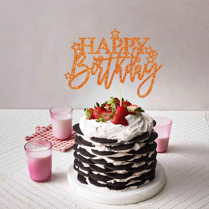 Gyufise 1Pcs Happy Birthday Cake Topper Glitter Cake Pick for Celebrating Anniversary Theme Party Cake Decorations Supplies Light Orange