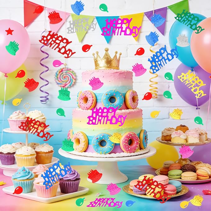 Birthday Confetti, Happy Birthday Party Glitter Table Confetti, 60g Multicolor Metallic Foil Cake Balloon Confettis Sprinkles Table Centerpiece DIY Arts and Crafting for Baby Shower Party Decorations