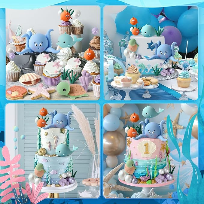 17 PCS Under the Sea Cake Decorations Ocean Animals Cake Topper with Cake Balls Decorations for Under the Sea Theme Boys Girls Baby Shower Birthday Party Supplies