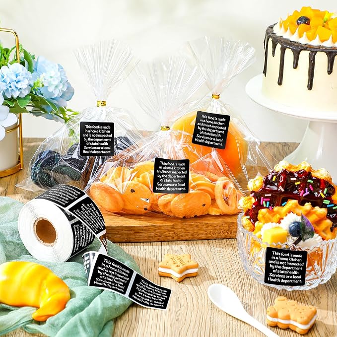 500 Count Cottage Food Law Labels Stickers 1.5” Black Square Food Stickers Made in a Home Kitchen Decal Thermal Printed Labels for Home Kitchen Bakery Bread Sourdough