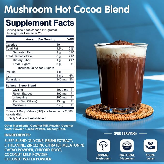 Balincer Mushroom Hot Cocoa Powder, Sleep Supplement with Reishi Mushroom, Melatonin, Glycine, Cacao, L-Theanine, Chicory, Supports Relaxation & Fall Asleep, Vegan, 20 Servings