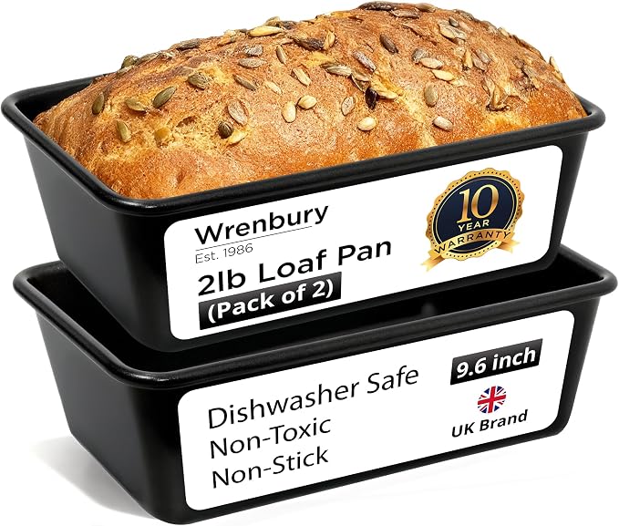 Wrenbury Pro 2lb Loaf Pan Set of 2 - Carbon Steel Large Bread Pan 1kg | for Baking Delicious Meatloaf - Air Fryer 2 lb Baking Tray - Twin Pack