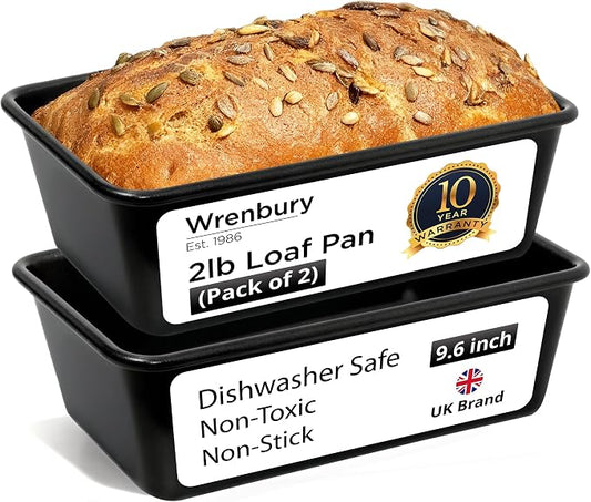 Wrenbury Pro 2lb Loaf Pan Set of 2 - Carbon Steel Large Bread Pan 1kg | for Baking Delicious Meatloaf - Air Fryer 2 lb Baking Tray - Twin Pack