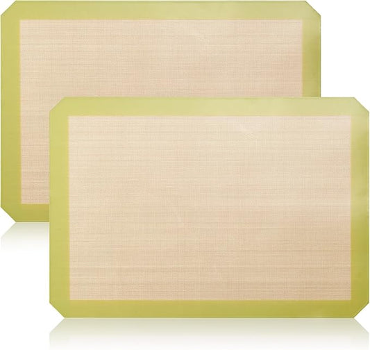 Luckyiren 2-Pack Silicone Baking Mats – Non-Stick Reusable BPA-Free Oven Liners, 100% Food-Grade Silicone, Fit Half Sheet Pans (16.54" x 11.62") for Cookies, Pastry & More, Coffee with Sage Green Edge