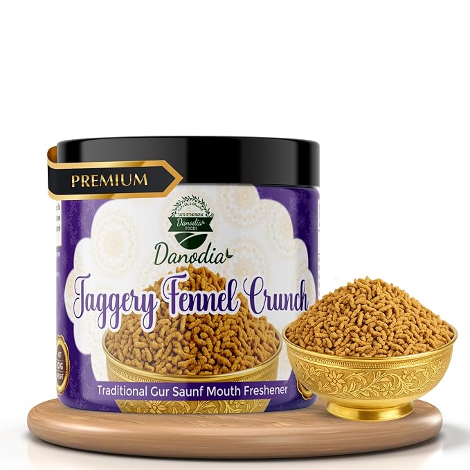 Danodia Foods Jaggery Fennel Crunch, Gur Sweetener, 100g, for Chai & Baking | Gur saunf mukhwas with jaggery and fennel seeds; Indian after-meal mouth freshener in resealable pouch; tea and dessert use