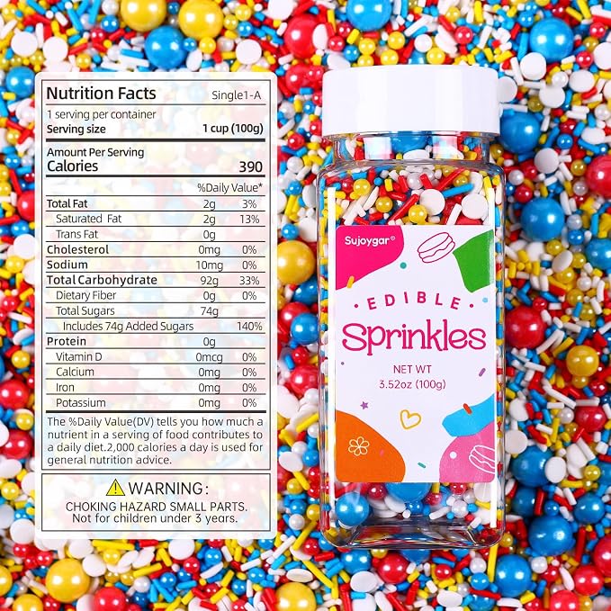 Red Blue and Yellow Sprinkles for Cake Decorating, 3.52oz Funfetti Edible Pearl Sprinkles for Cupcake Baking Ice Cream Cookie, Party Cake Decoration