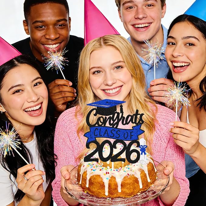 Congrats Class of 2026 Cake Topper Congrats Grad Cap Diploma Theme for High School Happy Graduation Party Supplies College Graduate Decoration (Black and Blue)