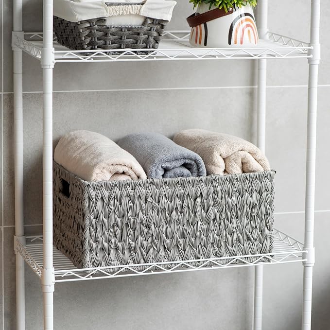 JS HANGER Large Woven Rattan Storage Basket with Handle for Organizing Waterproof Plastic Wicker Basket for Bathroom, Living Room 16.53’’ x 12.8’’ x 7.5’’ Grey