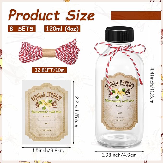Uiifan 8 Pcs 4 oz Vanilla Extract Bottles Boston Round with Caps Glass Bottle and 8 Pcs Vanilla Extract Labels Stickers for Syrup Gift Glass Food Storage Canister Set Sauce Beans