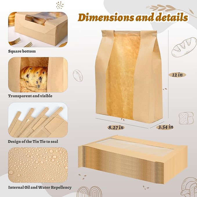 NPLUX 150 Pack Sourdough Bread Bags for Homemade Bread with Tin Tie Tab Lock Bakery Bags with Window kraft Bag for Toast Sandwich Cookie Snacks, Graduation Gift Bags(8.27x13.6x3.54In)