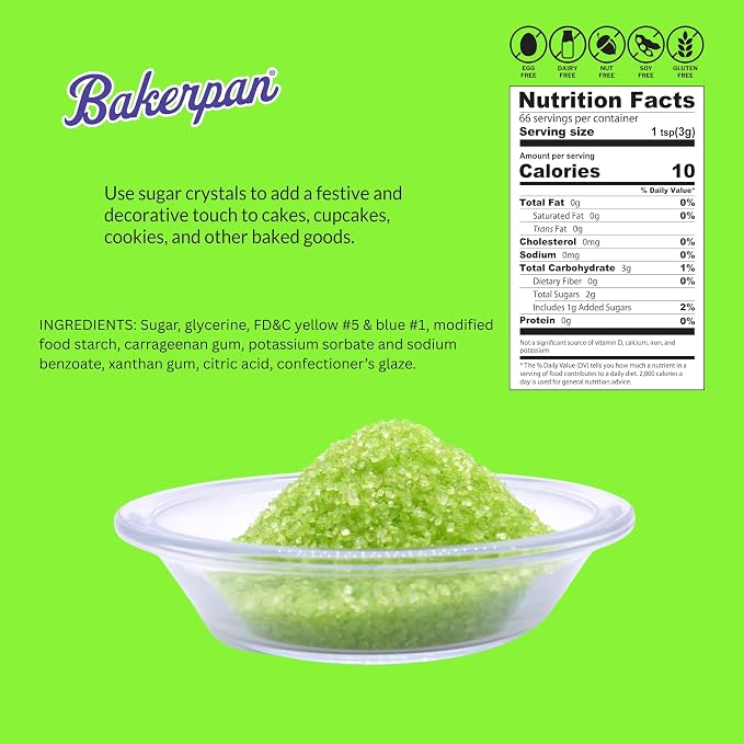 Bakerpan Lime Green Sugar Sprinkles for Baking - 7 oz Coarse Sparkling Decorating Sugar Crystals for Baking Topping, Cookies & Cupcakes | Kosher, Gluten-Free, Made in USA