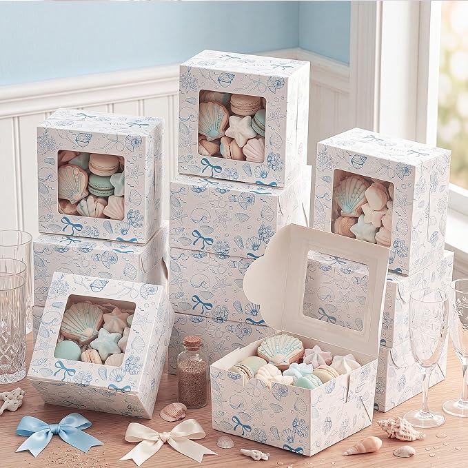 50 Pack Blue Seashell Cookie Boxes with Window, Blue Bow Coastal Nautical Treat Boxes for Beach Wedding, Baby Boy Shower & Under the Sea Party Bakery Favors for Cookies & Macarons