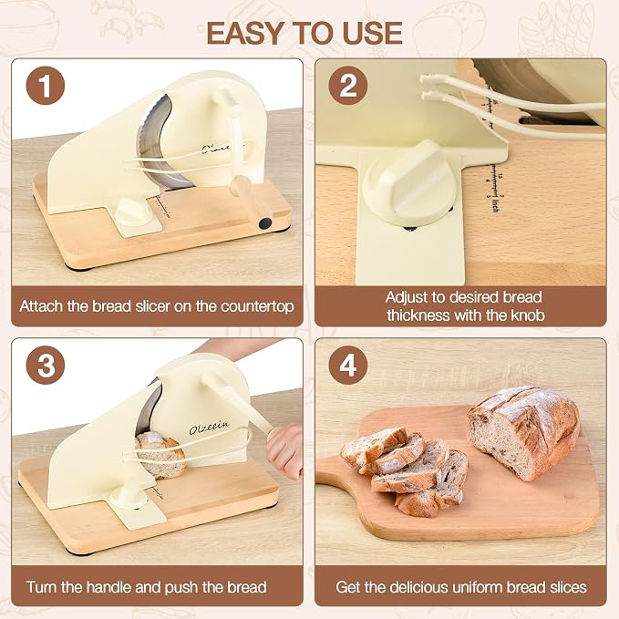 Manual Bread Slicer for Homemade Sourdough Bread, Hand Crank Bread Slicer with Scale Line, Metal Guide & Adjustable Thickness Bread Loaf Slicer, Sharp Blade Bread Cutter for Sourdough Bread (Cream)