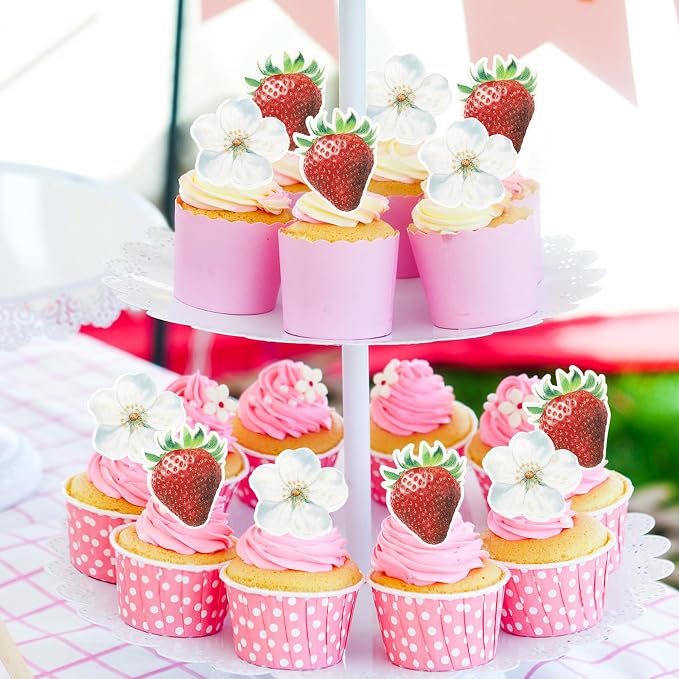 60 PCS Edible Strawberry Cupcake Toppers Strawberry Flower Birthday Cake Decorations Edible Berry Strawberry Bridal Engagement Cupcake Picks for Baby Shower Wedding Anniversary Party Supplies