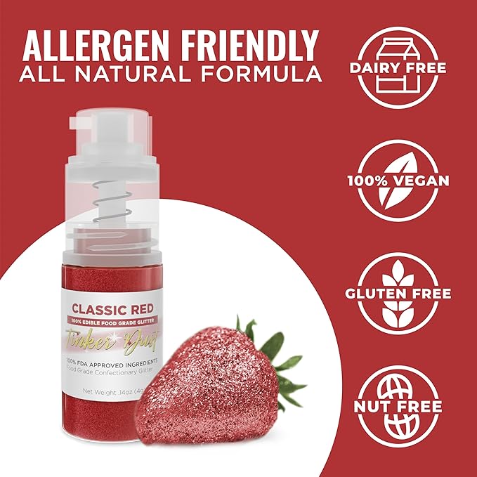 Bakell - Classic Red Tinker Dust (4g, 1x Mini Spray Pump) Edible Glitter for Food, Desserts, and Baked goods!