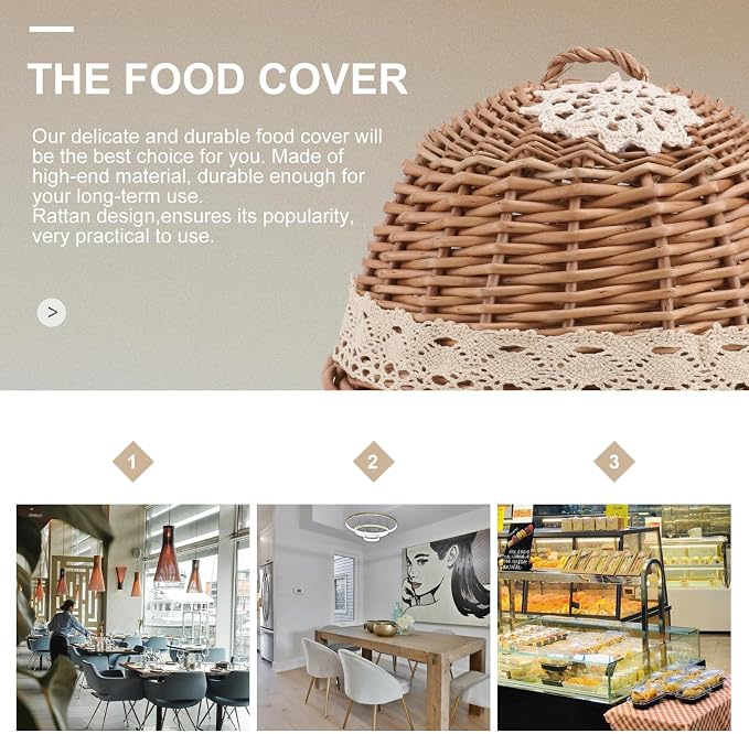 SHINEOFI Hand-woven Rattan Food Protective Cover Basket, Natural Wood Color, Kitchen Storage Organizer for Bread and Pantry, 1pcs Woven Serving Dish Protector