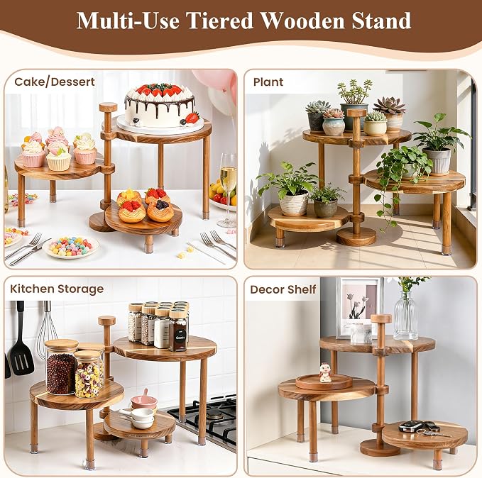 LOVYANXUE Acacia Wooden Cupcake Stand, 3 Tier Round Cake Stand 360° Rotatable Cupcake Tower with Tiered Serving Tray, Wood Dessert Table Display Set, Tiered Tray Stand for Party, Wedding (12/10/8 IN)