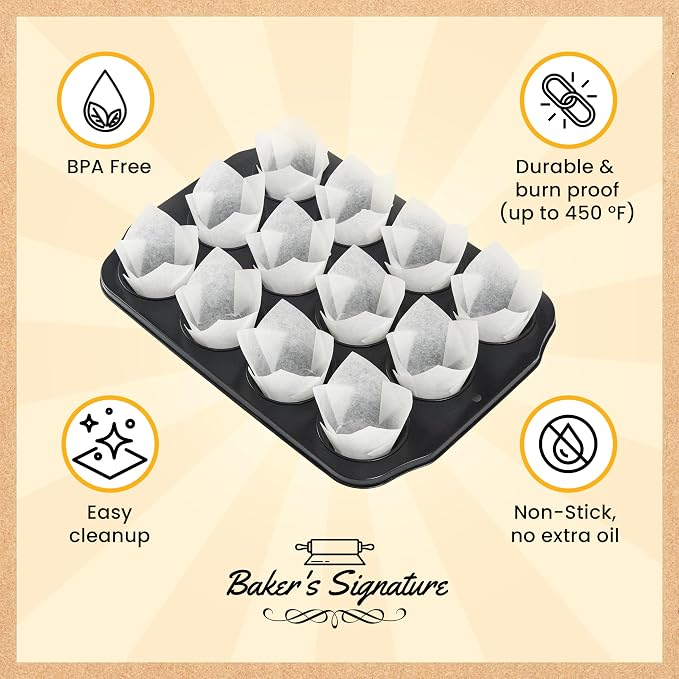 Tulip Cupcake Liners, Muffin Liners for Baking by Baker’s Signature – 200pcs of Parchment Paper Cups Cupcake Wrappers – Perfect Size, Sturdy, Greaseproof & Easy to Use – Wedding Decor – All White