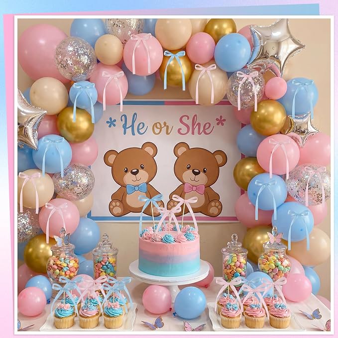 30 Pack Pink Blue Bow Cake Toppers Ribbon Bows for Cake Gender Reveal Bow Cupcake Toppers for Baby Shower Birthday Wedding Party Supplies and Gender Reveal Decorations