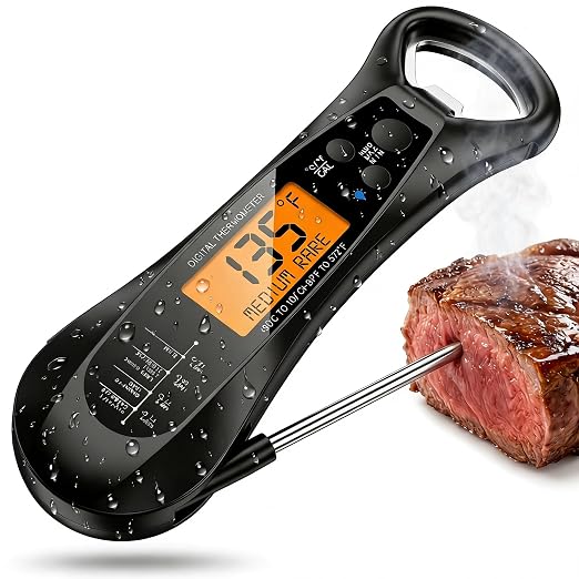 Instant Read Meat Thermometer for Cooking – Waterproof Digital Food Thermometer with Backlit LCD, Long Probe, Fast Accurate Kitchen Thermometer for BBQ, Grill, Candy & Oil (°C/°F)