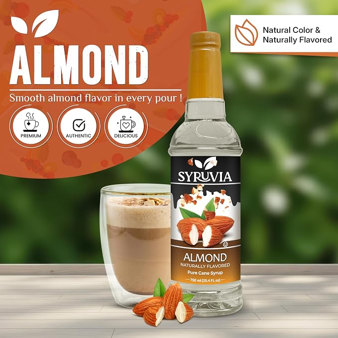 Syruvia Coffee Syrup, Almond Flavored Syrup for Drinks, Lattes, and Desserts, Natural Flavors – 25.4 fl oz - with Pump