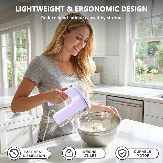 Lord Eagle 9-Speed Digital Hand Mixer Electric Handheld, 500W DC Motor Kitchen Mixer for Cake Baking, Lightweight Egg Beaters with Stain-resistant & Waterproof Storage Bag & 6 Accessories, Purple