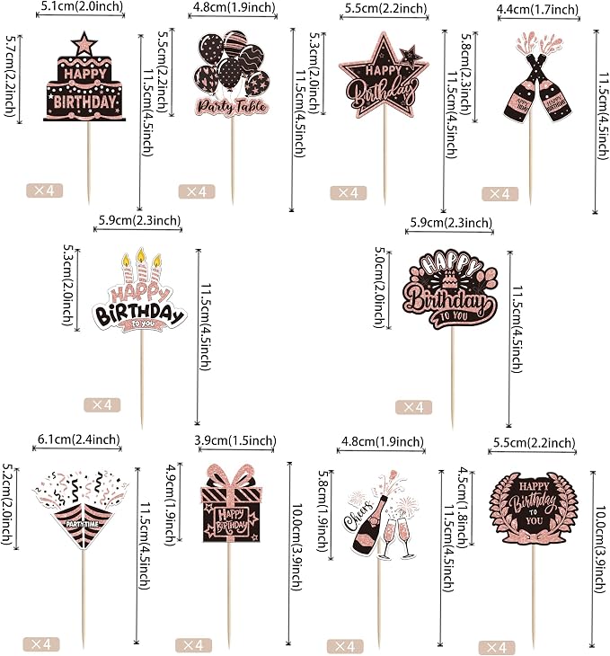 40 PCS Happy Birthday Cupcake Toppers Double Sided Balloon Star Cheers Party Time Happy Birthday Cupcake Picks for Celebrating Anniversary Theme Party Cake Decorations Supplies Black Rose Gold