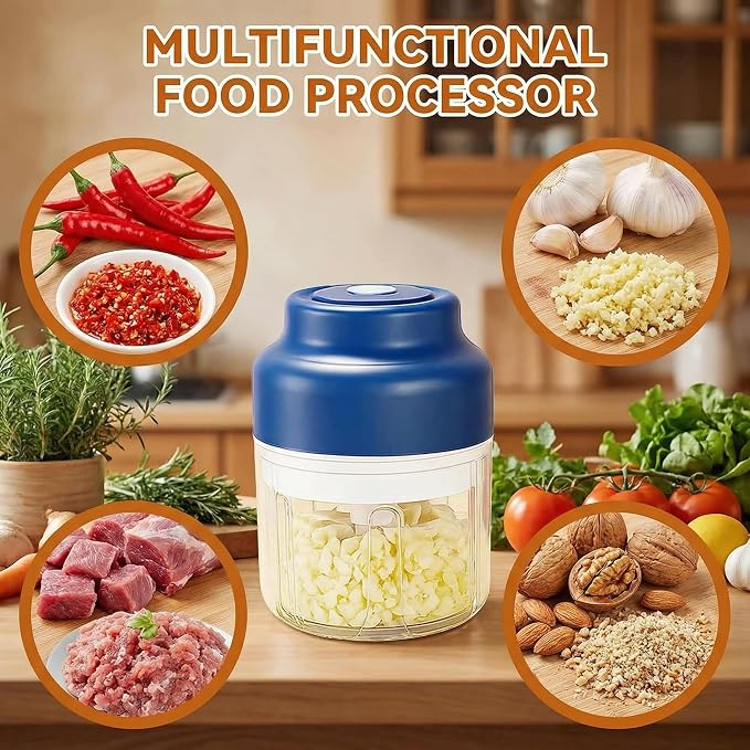 2026 New Electric Garlic Chopper, Mini Portable Veggie Chopper USB Charging Wireless Food Processor, Upgrade Electric Mini Garlic Chopper Set Wireless Veggie Grinder (Blue, 350ML)