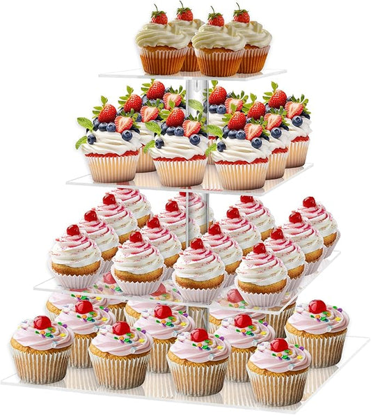 weddingwish 4 Tier Cupcake Stand, Clear Acrylic Cupcake Tower for 50 Cupcakes, Square Dessert Display Stand for Wedding,Birthday,Graduation