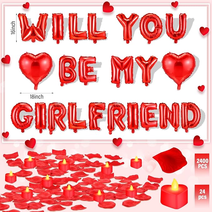 Will You Be My Girlfriend Balloon Proposal Decor 24 LED Flameless Tealight Heart Candle 2000 Artificial Rose Petals Love Balloon for Engagement Wedding Decor Romantic Special Night(Red)